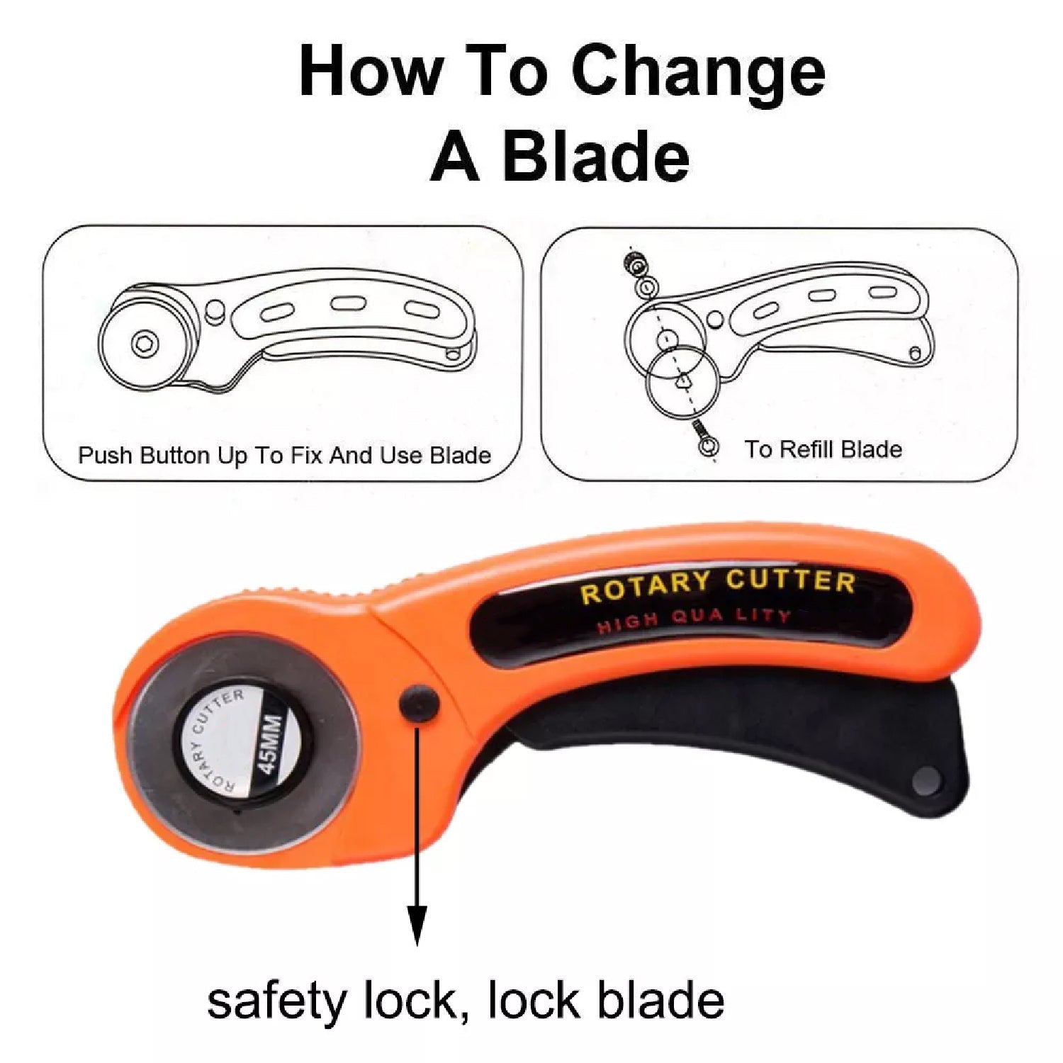 Detailed view of manual sewing cutter with rotary blade and safety features Detailed view of manual sewing cutter with rotary blade and safety features